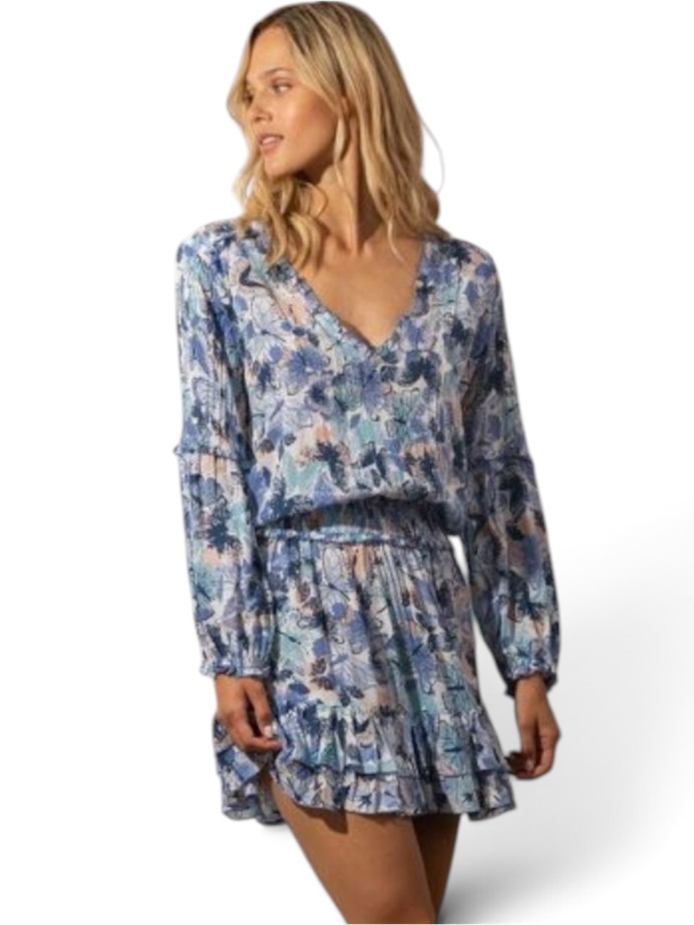 Mini Dress Ilona Long Sleeve - White Blue Mariposa